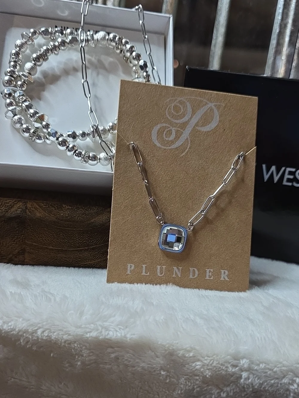 Nine West Silver-Tone Layered Beaded Stretch Bracelet Duo/w Bonus Necklace